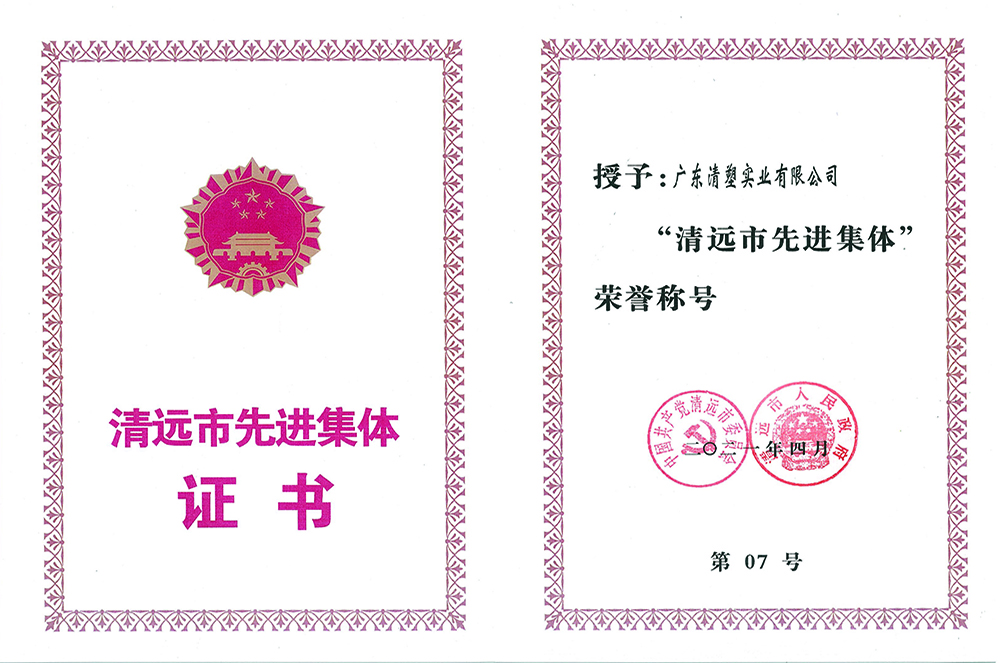 2020年清远市先进集体证书